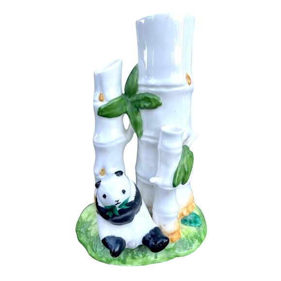 Bone China Panda Bear Bamboo Trees Lucky Bamboo Vase Three Hole Planter Vase VTG - Picture 2 of 13
